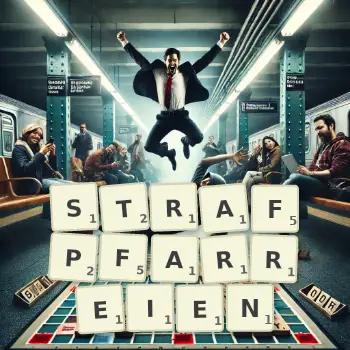 Kreative Illustration für ein Scrabble-Spiel, bei dem das Wort STRAFPFARREIEN mit Steinen auf dem Brett gelegt wurde.