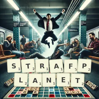 Kreative Illustration für ein Scrabble-Spiel, bei dem das Wort STRAFPLANET mit Steinen auf dem Brett gelegt wurde.