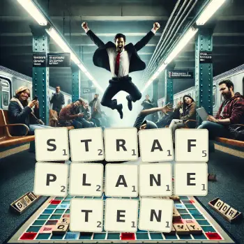 Kreative Illustration für ein Scrabble-Spiel, bei dem das Wort STRAFPLANETEN mit Steinen auf dem Brett gelegt wurde.