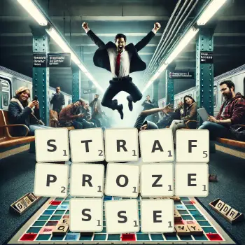 Kreative Illustration für ein Scrabble-Spiel, bei dem das Wort STRAFPROZESSE mit Steinen auf dem Brett gelegt wurde.