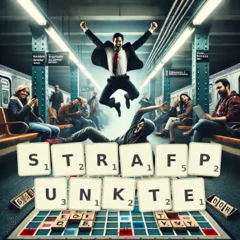 Kreative Illustration für ein Scrabble-Spiel, bei dem das Wort STRAFPUNKTE mit Steinen auf dem Brett gelegt wurde.