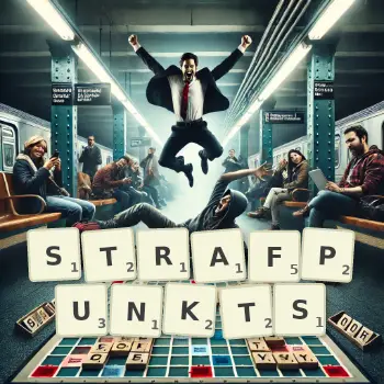 Kreative Illustration für ein Scrabble-Spiel, bei dem das Wort STRAFPUNKTS mit Steinen auf dem Brett gelegt wurde.