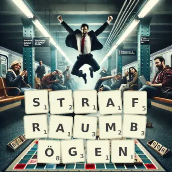 Kreative Illustration für ein Scrabble-Spiel, bei dem das Wort STRAFRAUMBÖGEN mit Steinen auf dem Brett gelegt wurde.