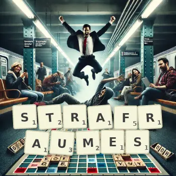 Kreative Illustration für ein Scrabble-Spiel, bei dem das Wort STRAFRAUMES mit Steinen auf dem Brett gelegt wurde.