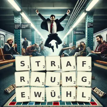 Kreative Illustration für ein Scrabble-Spiel, bei dem das Wort STRAFRAUMGEWÜHL mit Steinen auf dem Brett gelegt wurde.
