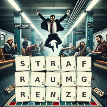 Kreative Illustration für ein Scrabble-Spiel, bei dem das Wort STRAFRAUMGRENZE mit Steinen auf dem Brett gelegt wurde.