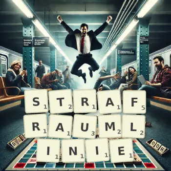Kreative Illustration für ein Scrabble-Spiel, bei dem das Wort STRAFRAUMLINIE mit Steinen auf dem Brett gelegt wurde.