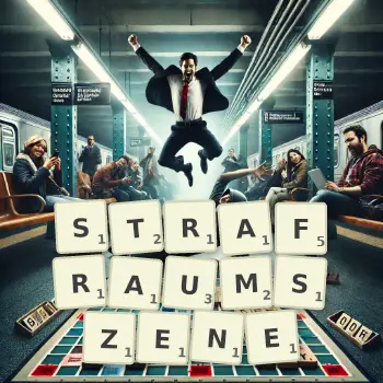 Kreative Illustration für ein Scrabble-Spiel, bei dem das Wort STRAFRAUMSZENE mit Steinen auf dem Brett gelegt wurde.