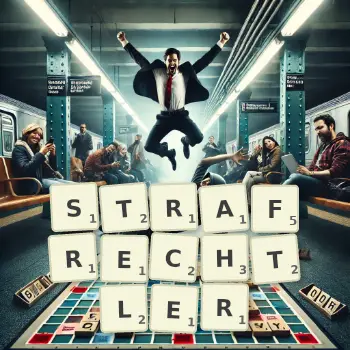 Kreative Illustration für ein Scrabble-Spiel, bei dem das Wort STRAFRECHTLER mit Steinen auf dem Brett gelegt wurde.