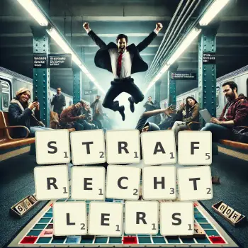Kreative Illustration für ein Scrabble-Spiel, bei dem das Wort STRAFRECHTLERS mit Steinen auf dem Brett gelegt wurde.