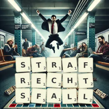Kreative Illustration für ein Scrabble-Spiel, bei dem das Wort STRAFRECHTSFALL mit Steinen auf dem Brett gelegt wurde.