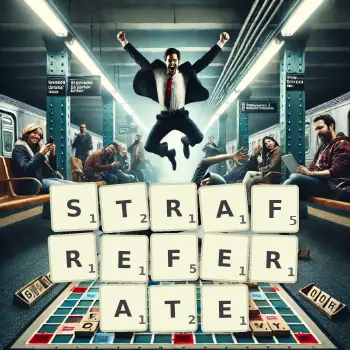Kreative Illustration für ein Scrabble-Spiel, bei dem das Wort STRAFREFERATE mit Steinen auf dem Brett gelegt wurde.