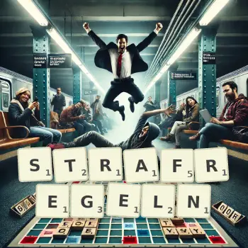 Kreative Illustration für ein Scrabble-Spiel, bei dem das Wort STRAFREGELN mit Steinen auf dem Brett gelegt wurde.