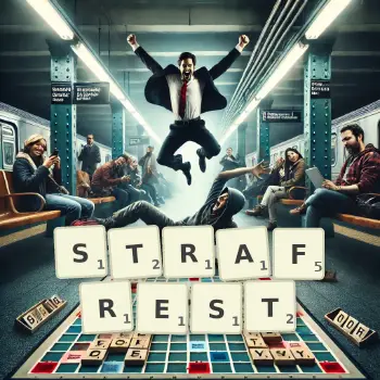 Kreative Illustration für ein Scrabble-Spiel, bei dem das Wort STRAFREST mit Steinen auf dem Brett gelegt wurde.