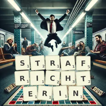 Kreative Illustration für ein Scrabble-Spiel, bei dem das Wort STRAFRICHTERIN mit Steinen auf dem Brett gelegt wurde.