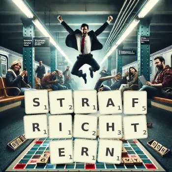 Kreative Illustration für ein Scrabble-Spiel, bei dem das Wort STRAFRICHTERN mit Steinen auf dem Brett gelegt wurde.