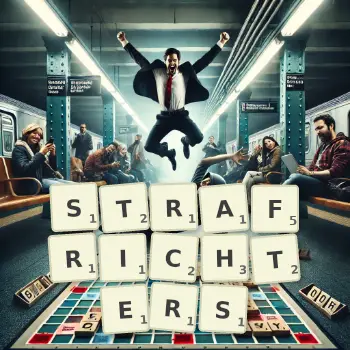 Kreative Illustration für ein Scrabble-Spiel, bei dem das Wort STRAFRICHTERS mit Steinen auf dem Brett gelegt wurde.