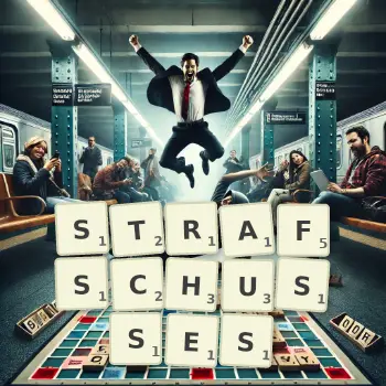 Kreative Illustration für ein Scrabble-Spiel, bei dem das Wort STRAFSCHUSSES mit Steinen auf dem Brett gelegt wurde.