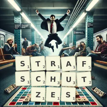 Kreative Illustration für ein Scrabble-Spiel, bei dem das Wort STRAFSCHUTZES mit Steinen auf dem Brett gelegt wurde.