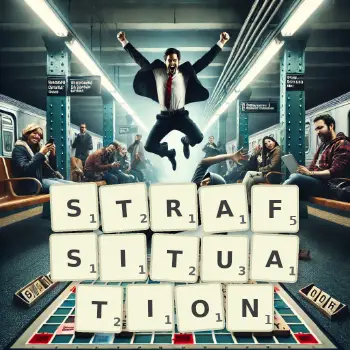 Kreative Illustration für ein Scrabble-Spiel, bei dem das Wort STRAFSITUATION mit Steinen auf dem Brett gelegt wurde.