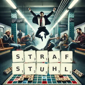 Kreative Illustration für ein Scrabble-Spiel, bei dem das Wort STRAFSTUHL mit Steinen auf dem Brett gelegt wurde.
