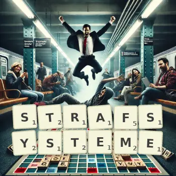 Kreative Illustration für ein Scrabble-Spiel, bei dem das Wort STRAFSYSTEME mit Steinen auf dem Brett gelegt wurde.