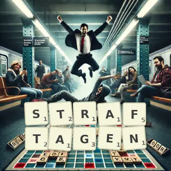Kreative Illustration für ein Scrabble-Spiel, bei dem das Wort STRAFTAGEN mit Steinen auf dem Brett gelegt wurde.