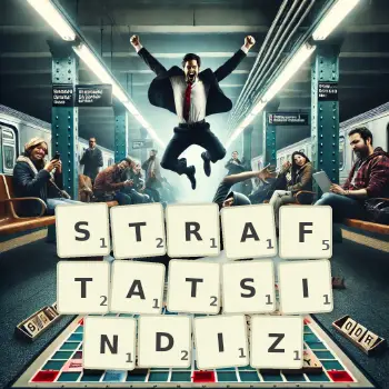 Kreative Illustration für ein Scrabble-Spiel, bei dem das Wort STRAFTATSINDIZ mit Steinen auf dem Brett gelegt wurde.