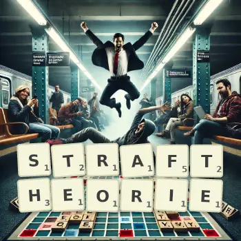 Kreative Illustration für ein Scrabble-Spiel, bei dem das Wort STRAFTHEORIE mit Steinen auf dem Brett gelegt wurde.