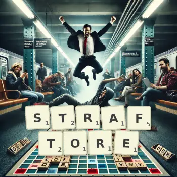 Kreative Illustration für ein Scrabble-Spiel, bei dem das Wort STRAFTORE mit Steinen auf dem Brett gelegt wurde.