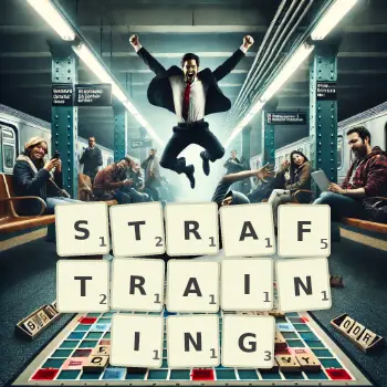 Kreative Illustration für ein Scrabble-Spiel, bei dem das Wort STRAFTRAINING mit Steinen auf dem Brett gelegt wurde.