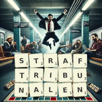 Kreative Illustration für ein Scrabble-Spiel, bei dem das Wort STRAFTRIBUNALEN mit Steinen auf dem Brett gelegt wurde.