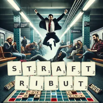 Kreative Illustration für ein Scrabble-Spiel, bei dem das Wort STRAFTRIBUT mit Steinen auf dem Brett gelegt wurde.