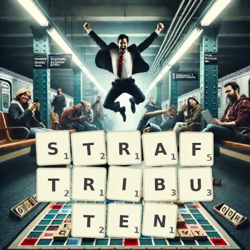 Kreative Illustration für ein Scrabble-Spiel, bei dem das Wort STRAFTRIBUTEN mit Steinen auf dem Brett gelegt wurde.