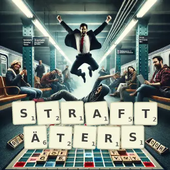 Kreative Illustration für ein Scrabble-Spiel, bei dem das Wort STRAFTÄTERS mit Steinen auf dem Brett gelegt wurde.