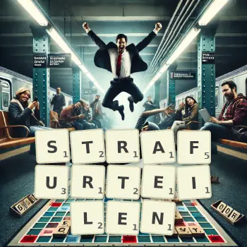 Kreative Illustration für ein Scrabble-Spiel, bei dem das Wort STRAFURTEILEN mit Steinen auf dem Brett gelegt wurde.