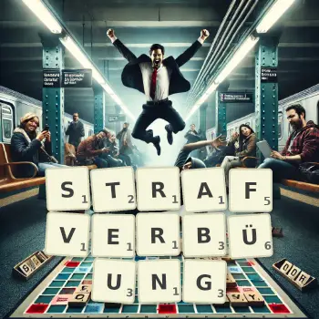 Kreative Illustration für ein Scrabble-Spiel, bei dem das Wort STRAFVERBÜUNG mit Steinen auf dem Brett gelegt wurde.