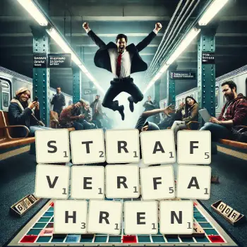 Kreative Illustration für ein Scrabble-Spiel, bei dem das Wort STRAFVERFAHREN mit Steinen auf dem Brett gelegt wurde.