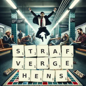 Kreative Illustration für ein Scrabble-Spiel, bei dem das Wort STRAFVERGEHENS mit Steinen auf dem Brett gelegt wurde.