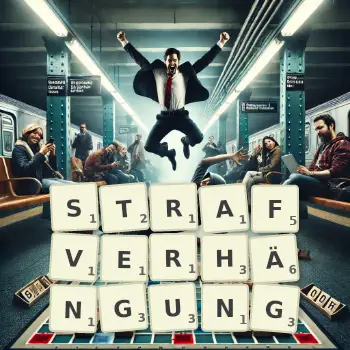 Kreative Illustration für ein Scrabble-Spiel, bei dem das Wort STRAFVERHÄNGUNG mit Steinen auf dem Brett gelegt wurde.