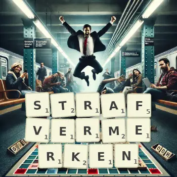 Kreative Illustration für ein Scrabble-Spiel, bei dem das Wort STRAFVERMERKEN mit Steinen auf dem Brett gelegt wurde.