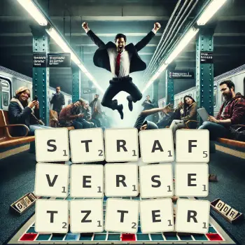 Kreative Illustration für ein Scrabble-Spiel, bei dem das Wort STRAFVERSETZTER mit Steinen auf dem Brett gelegt wurde.