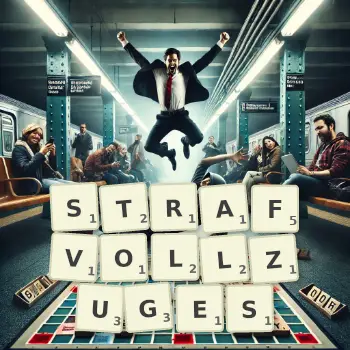 Kreative Illustration für ein Scrabble-Spiel, bei dem das Wort STRAFVOLLZUGES mit Steinen auf dem Brett gelegt wurde.
