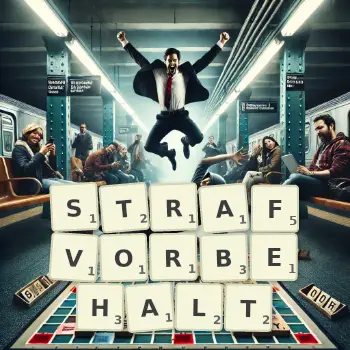 Kreative Illustration für ein Scrabble-Spiel, bei dem das Wort STRAFVORBEHALT mit Steinen auf dem Brett gelegt wurde.