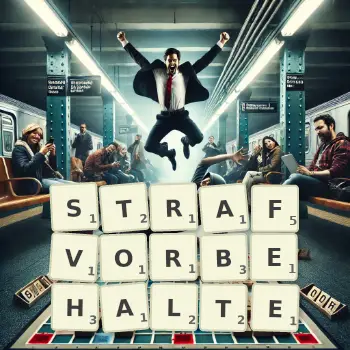 Kreative Illustration für ein Scrabble-Spiel, bei dem das Wort STRAFVORBEHALTE mit Steinen auf dem Brett gelegt wurde.