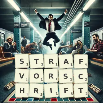 Kreative Illustration für ein Scrabble-Spiel, bei dem das Wort STRAFVORSCHRIFT mit Steinen auf dem Brett gelegt wurde.