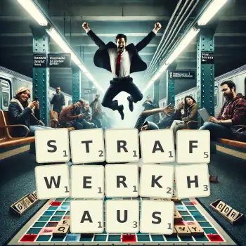 Kreative Illustration für ein Scrabble-Spiel, bei dem das Wort STRAFWERKHAUS mit Steinen auf dem Brett gelegt wurde.