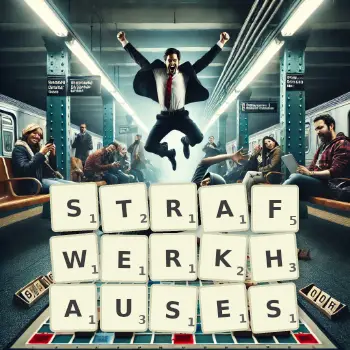 Kreative Illustration für ein Scrabble-Spiel, bei dem das Wort STRAFWERKHAUSES mit Steinen auf dem Brett gelegt wurde.