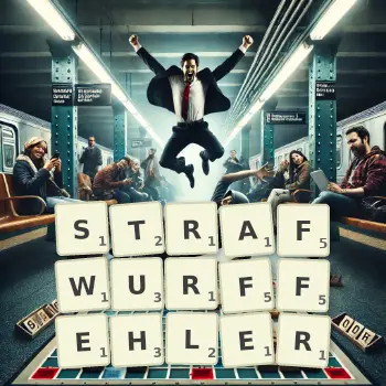 Kreative Illustration für ein Scrabble-Spiel, bei dem das Wort STRAFWURFFEHLER mit Steinen auf dem Brett gelegt wurde.