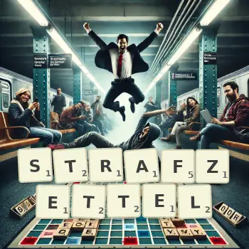 Kreative Illustration für ein Scrabble-Spiel, bei dem das Wort STRAFZETTEL mit Steinen auf dem Brett gelegt wurde.